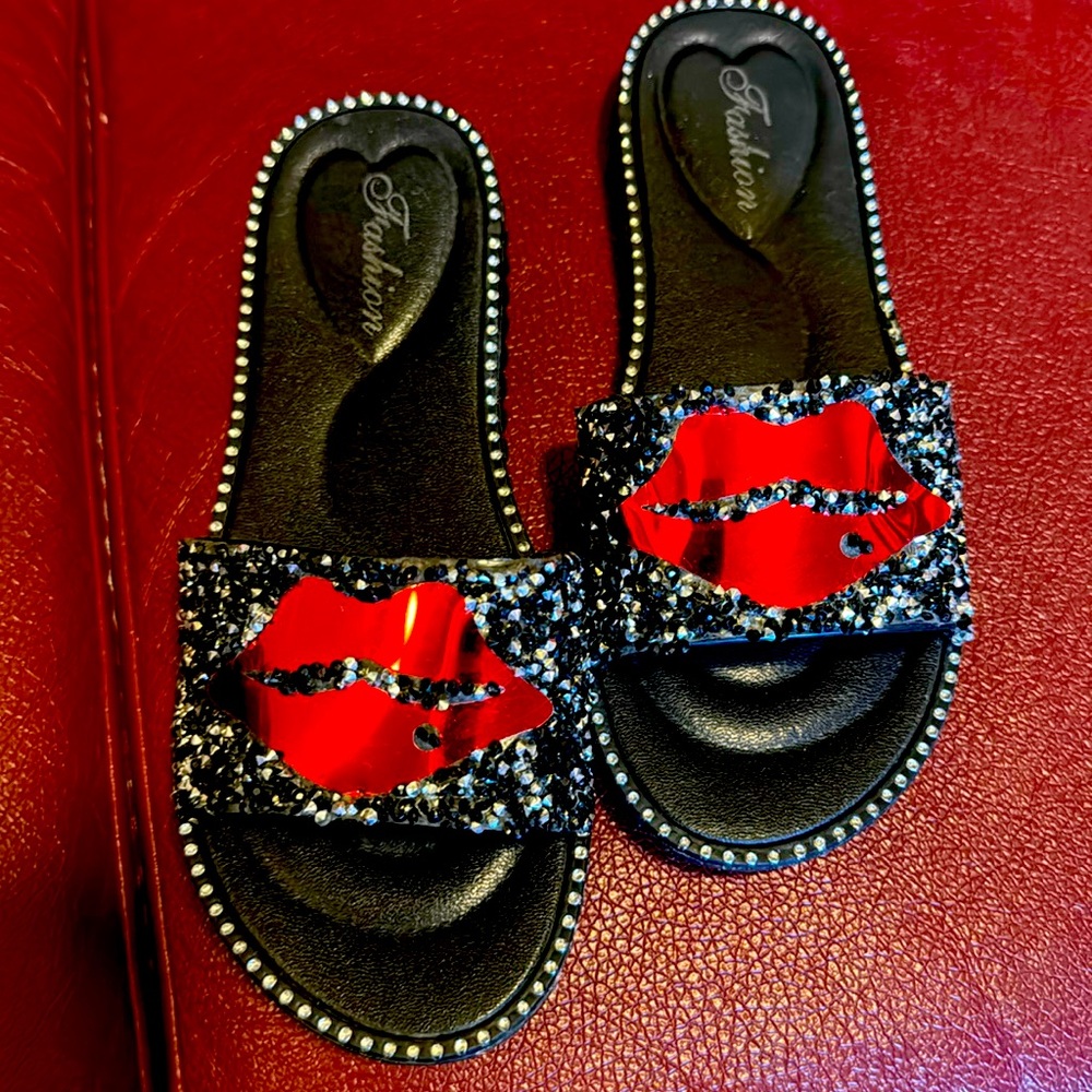 Rhinestone/crystal metallic lip embellishment sandals. Never worn.